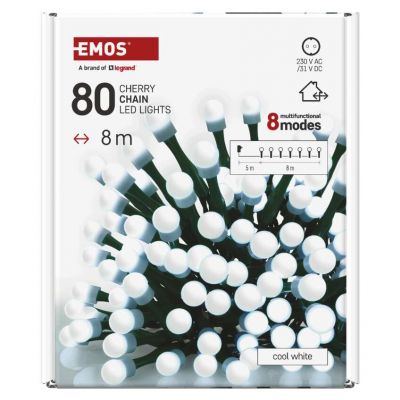 Lampki choinkowe 80 LED cherry 8m zimna biel zielony przewód IP44 8 programów timer EMOS (D5AC22)