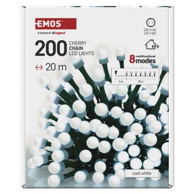 Lampki choinkowe 200 LED cherry 20m zimna biel zielony przewód IP44 8 programów timer EMOS (D5AC23)