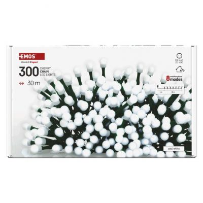 Lampki choinkowe 300 LED cherry 30m zimna biel zielony przewód IP44 8 programów timer EMOS (D5AC24)