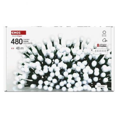 Lampki choinkowe 480 LED cherry 48m zimna biel zielony przewód IP44 8 programów timer EMOS (D5AC25)