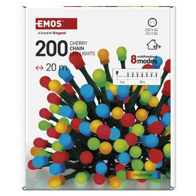 Lampki choinkowe 200 LED cherry 20m multikolor zielony przewód IP44 8 programów timer EMOS (D5AM23)