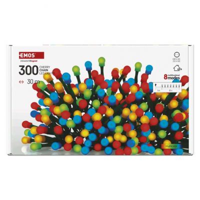 Lampki choinkowe 300 LED cherry 30m multikolor zielony przewód IP44 8 programów timer EMOS (D5AM24)