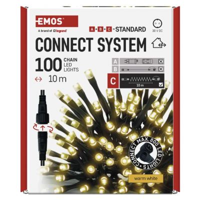 Lampki świąteczne łączone Standard łańcuch 100LED 10m ciepła biel IP44 timer EMOS (D1AW03)