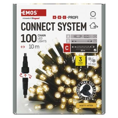 Lampki świąteczne łączone Profi łańcuch 100 LED 10m ciepła biel czarny przewód IP44 timer EMOS (D2AW03)