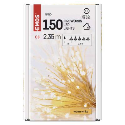 Dekoracje lampki 150 LED 2,35 m nano łezki frędzle ciepła biel, przeźroczysty przewód IP20 timer EMOS (D3AW08)