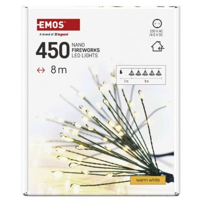 Lampki świąteczne nano łezki frędzle 450 LED 8 m ciepła biel IP20 timer EMOS (D3AW11)