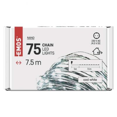 Lampki świateczne nano łezki 75 LED 7,5m zimna biel zielony przewód IP44 timer EMOS (D3AC04)