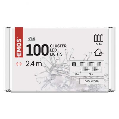 Lampki świąteczne 100LED small nano łezki jeżyk, 2,4m 3xAA zimna biel  IP20 timer EMOS (D3FC01)