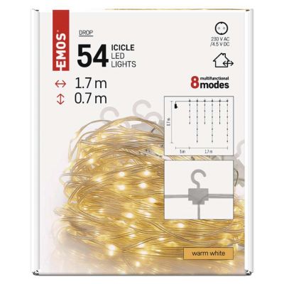 Kurtyna świetlna lampki 54LED drop łezki 1,7m ciepła biel 8 programów IP44 EMOS (D3CW01)