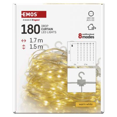 Lampki świąteczne 180 LED nano kurtyna 1,7x1,5m ciepła biel 8 programów IP44 EMOS (D3EW02)