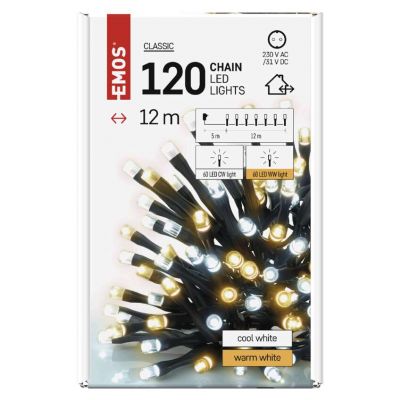Lampki choinkowe Classic 120 LED 12m ciepła + zimna biel zielony przewód IP44 timer EMOS (D4AN05)
