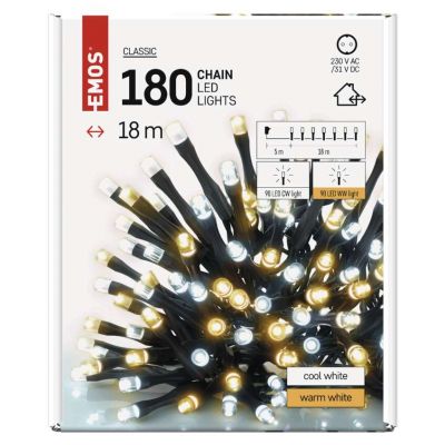Lampki choinkowe Classic 180 LED 18m ciepła + zimna biel zielony przewód IP44 timer EMOS (D4AN06)