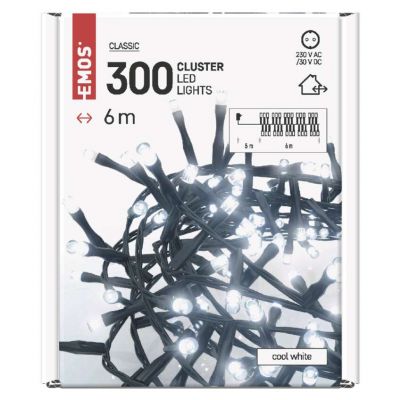 Lampki choinkowe LED Classic jeżyk 300 LED 6m zimna biel czarny IP44 timer EMOS (D4BC04)