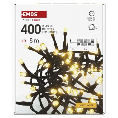 Lampki choinkowe LED Classic Cluster jeżyk 400 LED 8m ciepła biel IP44 timer EMOS (D4BW02)