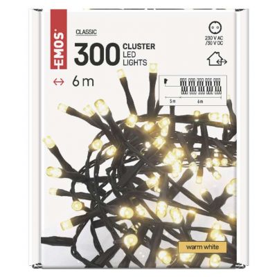 Lampki choinkowe LED Classic Cluster jeżyk 300 LED 6m ciepła biel czarny IP44 timer EMOS (D4BW04)