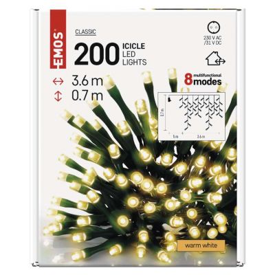 Lampki świąteczne sople 200LED 3,6m ciepła biel IP44 EMOS (D4CW01)