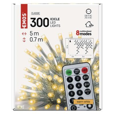 Lampki choinkowe sople 300LED 5m ciepła biel timer pilot EMOS (D4CW02)