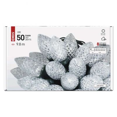 Lampki choinkowe LED szyszki 50 LED 9,8 m zimna biel zielony przewód 8 programów IP44 EMOS (D5ZC01)