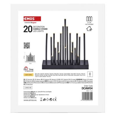 Świecznik świateczny czarny 20 LED 27 cm 3x AA ciepła biel IP20 timer EMOS (DCAW04)