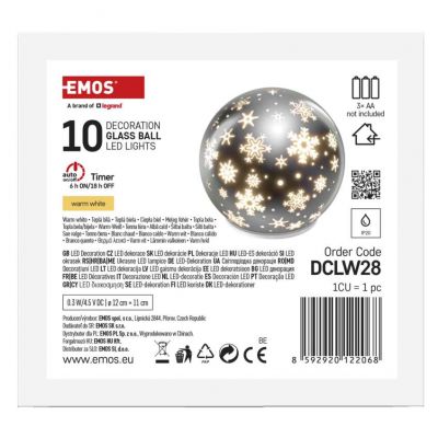Ozdoba świąteczna LED szklana kula10 LED 12 cm 3x AA ciepła biel IP20 timer EMOS (DCLW28)