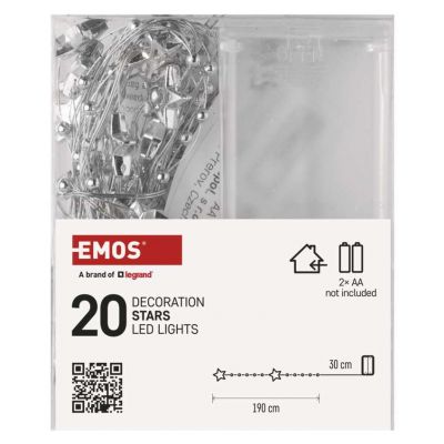 Lampki choinkowe gwiazdki 20 LED 2x AA, ciepła biel, srebrny przewód, IP20, timer EMOS (DCGW07)