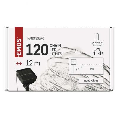 Lampki świąteczne 120 LED nano łezki z panelem solarnym, miedź, 12 m, IP44, zimna biel, timer EMOS (D3ZC01)