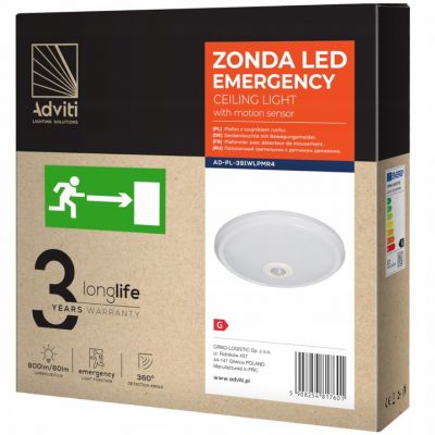 ZONDA LED EMERGENCY 12W/1,2W, plafon z czujnikiem ruchu, 800lm/80lm, IP20, 4000K, poliwęglan mleczny AD-PL-391WLPMR4 ORNO (AD-PL-391WLPMR4)