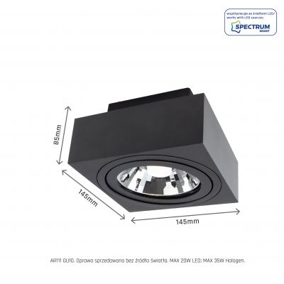 MIRORA AR111 NATYNKOWA GU10 250V IP20 145X145X85mm CZARNY kwadratowa ruchoma  SLIP005048 Spectrum Led (SLIP005048)