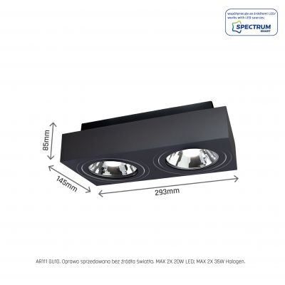 MIRORA AR111 X2 NATYNKOWA GU10 250V IP20 293X145X 85mm CZARNY prostokątna ruchoma  SLIP005050 Spectrum Led (SLIP005050)