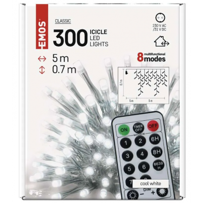 Lampki świąteczne SOPLE 300 LED 5m zimna biel 8 programów timer pilot EMOS (D4CC02)