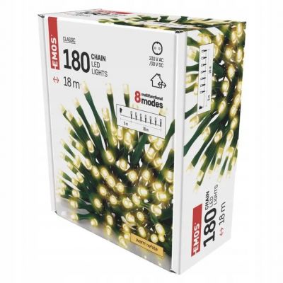 Lampki choinkowe 180 LED 18m, ciepła biel, zielony przewód, 8 programów, IP44 EMOS (D4AW07)