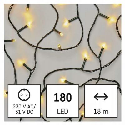 Lampki choinkowe 180 LED 18m, ciepła biel, zielony przewód, 8 programów, IP44 EMOS (D4AW07)